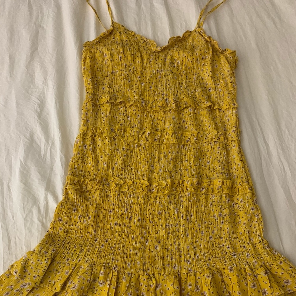 Yellow floral boho cinched waist ruffled dress